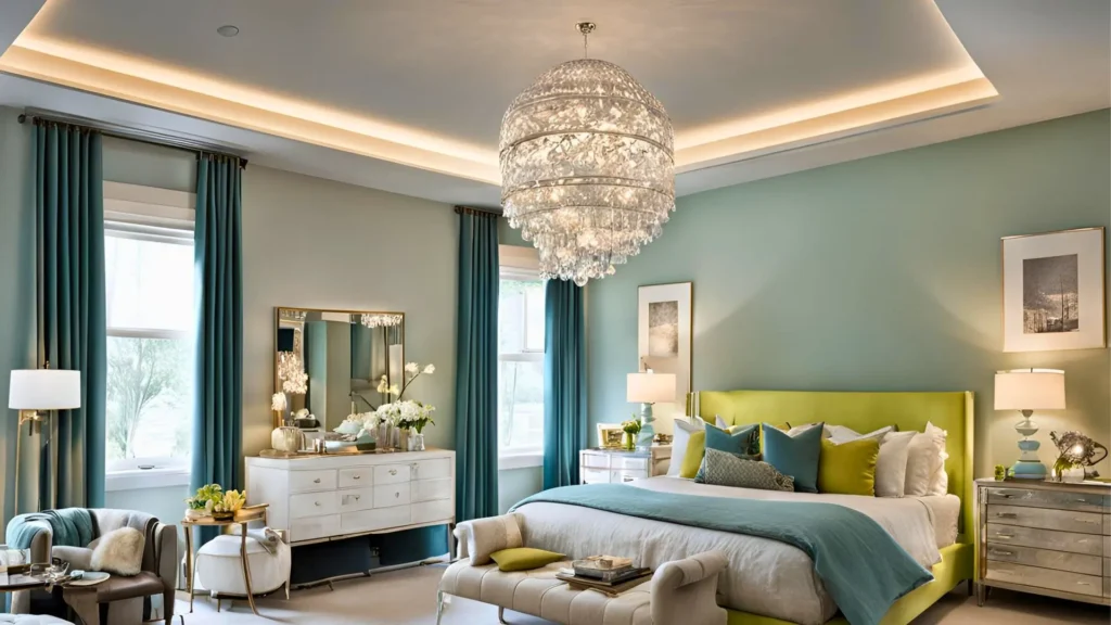 A luxurious bedroom with elegant chandeliers and soft lighting by Dev Electricals, Kolkata