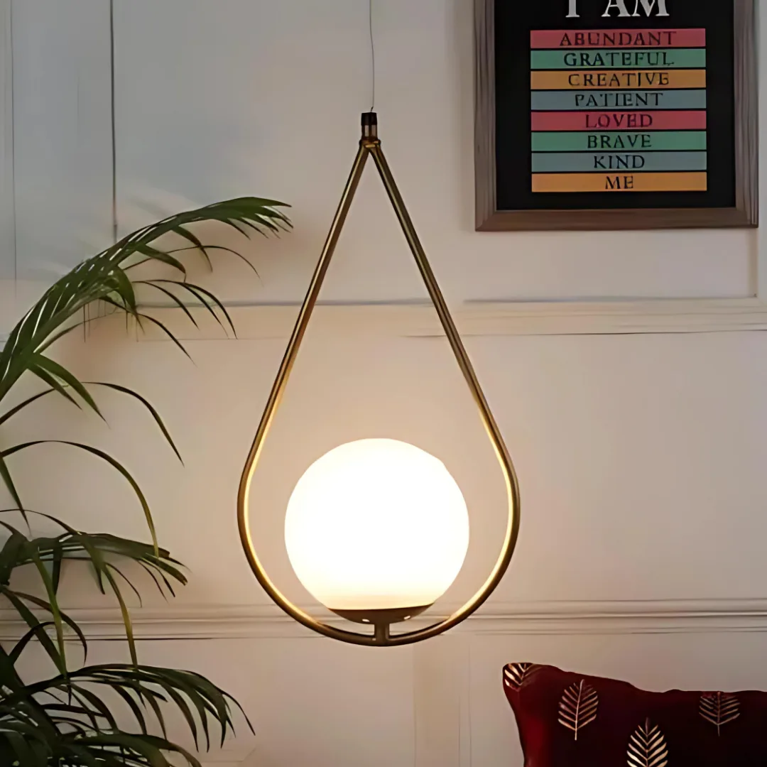 Elegant Droplet Gold Pendant Light | Modern Metal Frame Lighting | Matte Finish Milky Glass | Stylish Hanging Light Fixture - Image 3