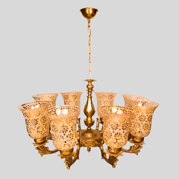 Buy the 8-Armed Royal Brass Chandelier at Dev Electricals. Featuring rust-resistant brass and floral-patterned glass shades, it offers a luxurious touch to your home decor. Ideal for large spaces.