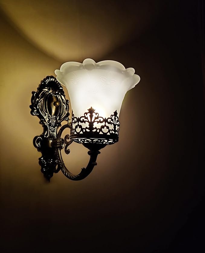 Black Antique Wall Sconce with Decorative White Glass Shade – Vintage Wall Light | E27 Bulb Holder - Image 4