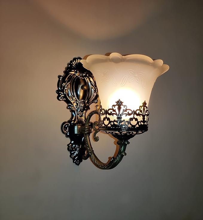 Black Antique Wall Sconce with Decorative White Glass Shade – Vintage Wall Light | E27 Bulb Holder - Image 5