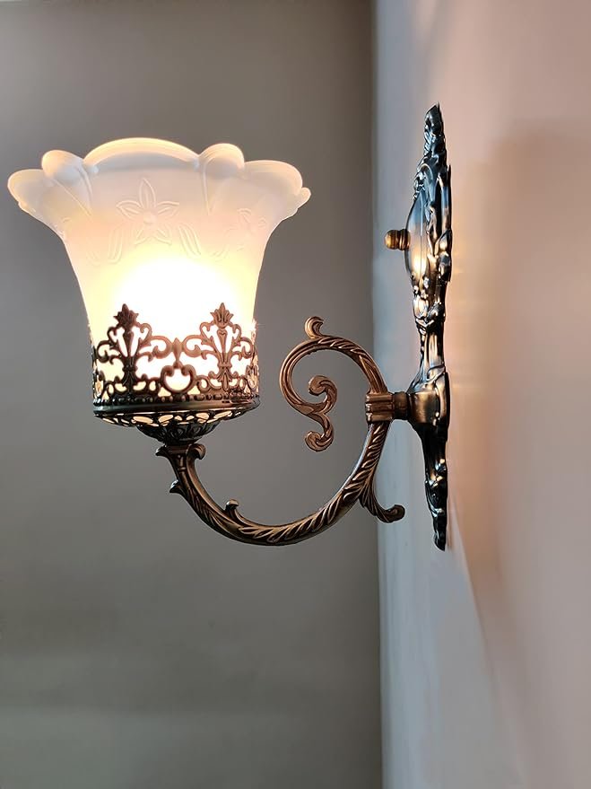 Black Antique Wall Sconce with Decorative White Glass Shade – Vintage Wall Light | E27 Bulb Holder - Image 3