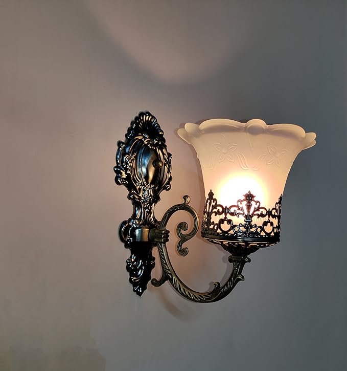 Black Antique Wall Sconce with Decorative White Glass Shade – Vintage Wall Light | E27 Bulb Holder - Image 2