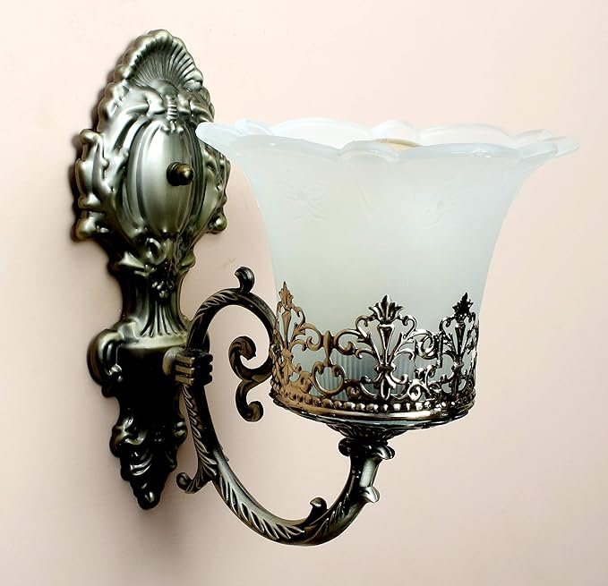 Black Antique Wall Sconce with Decorative White Glass Shade – Vintage Wall Light | E27 Bulb Holder - Image 7