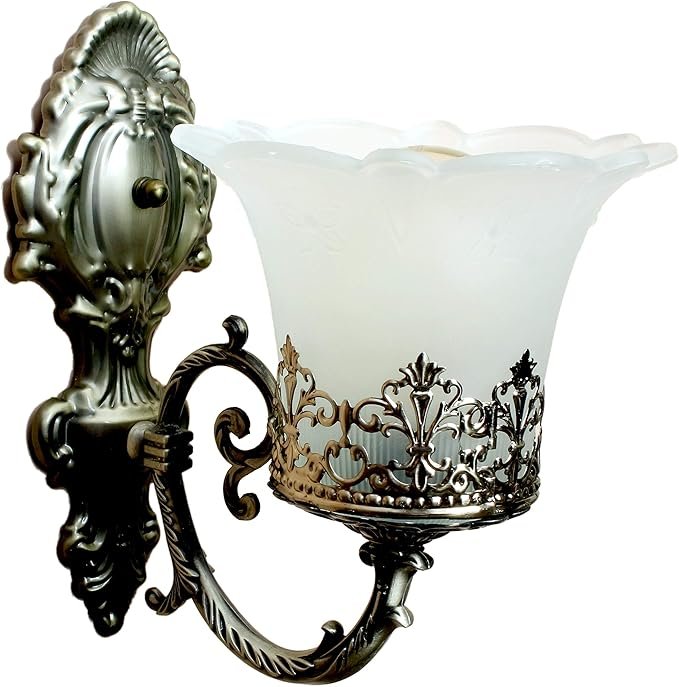Black Antique Wall Sconce with Decorative White Glass Shade – Vintage Wall Light | E27 Bulb Holder - Image 6