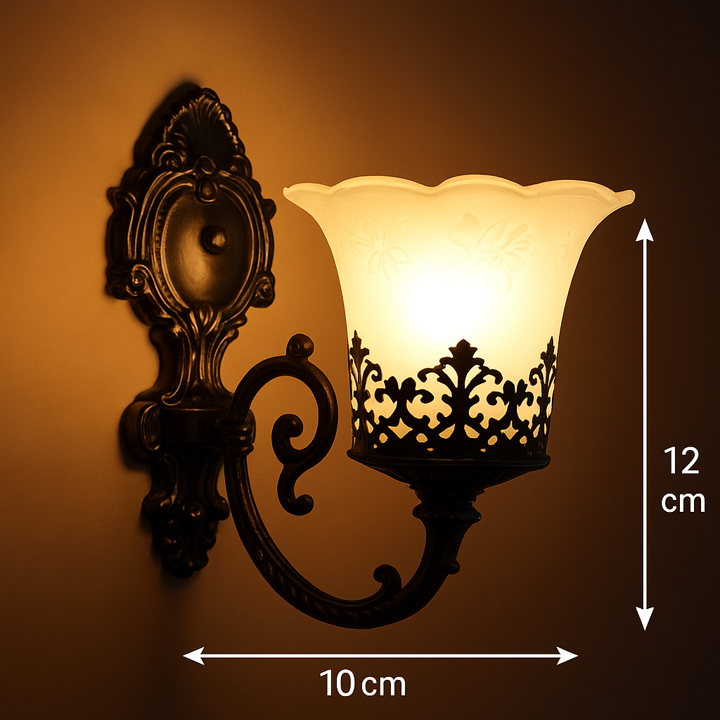 Black Antique Wall Sconce with Decorative White Glass Shade – Vintage Wall Light | E27 Bulb Holder - Image 8